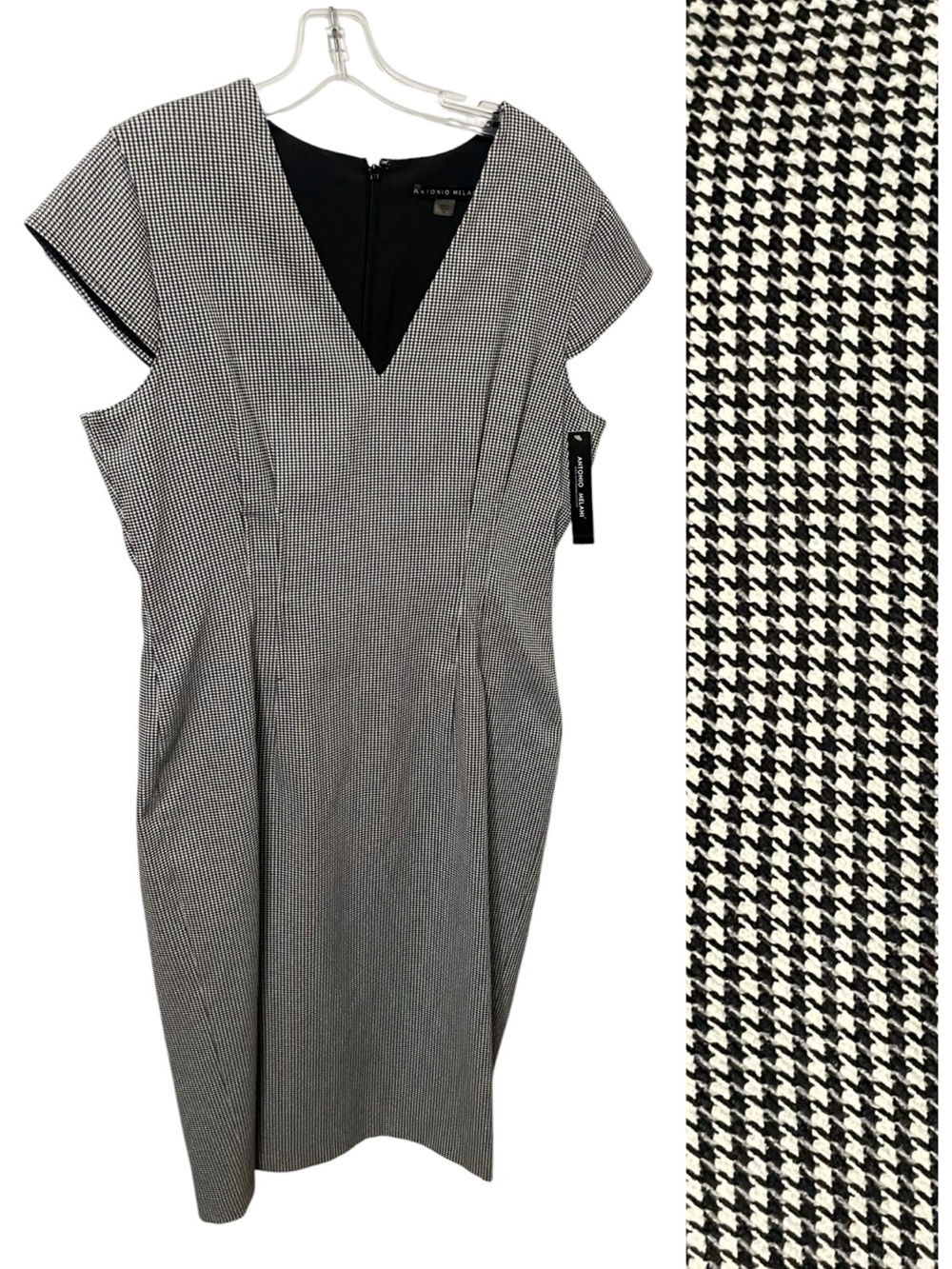 Antonio Melani Black White Houndstooth Cap sleeve dress fitted sheath 14 office